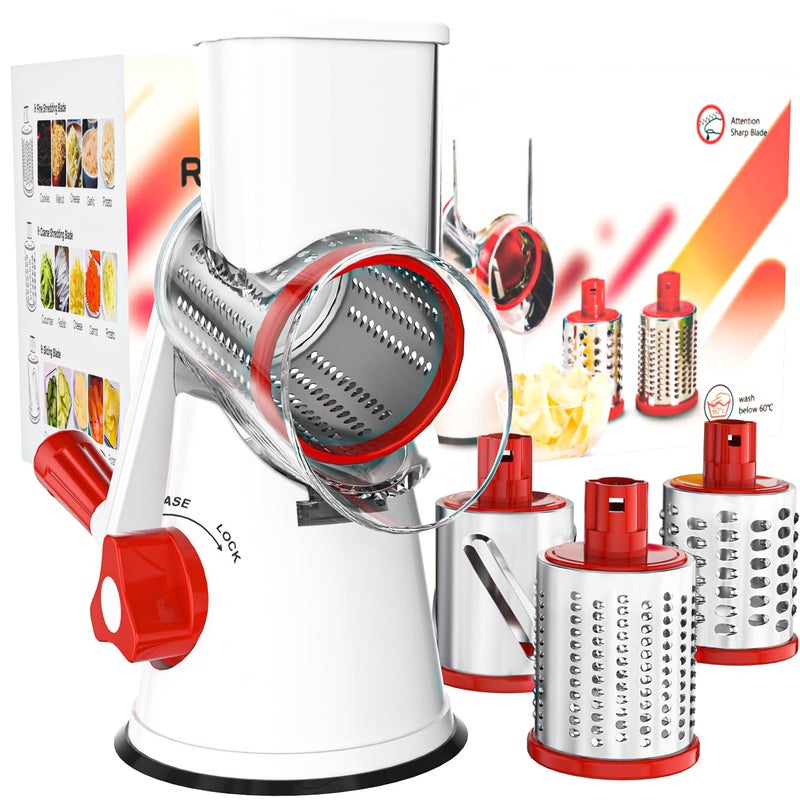 Cambom Rotary Cheese Grater Hand Crank Cheese Shredder for Fresh Cheese, Vegetable, Nuts,Non-slip Suction Base, Free Cleaning Brush Three Blades,Red White - Image 1